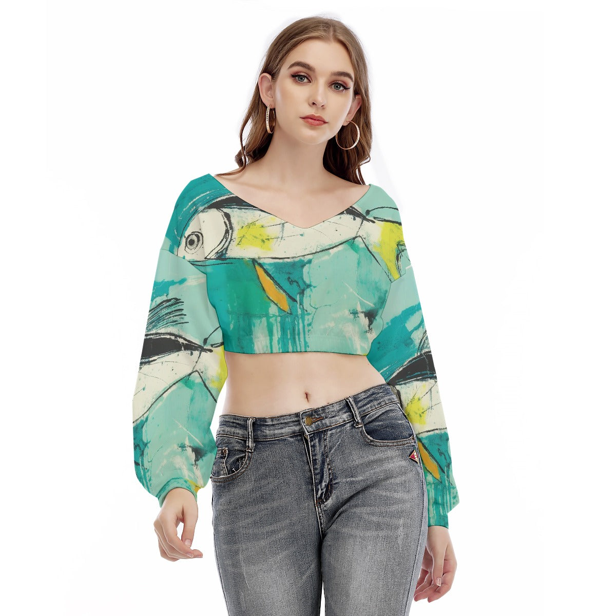 All-Over Print Women's V-neck Long Sleeve Cropped Sweatshirt