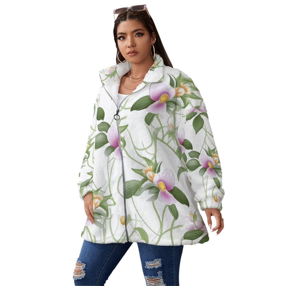 All-Over Print Unisex Borg Fleece Stand-up Collar Coat With Zipper Closure(Plus Size)