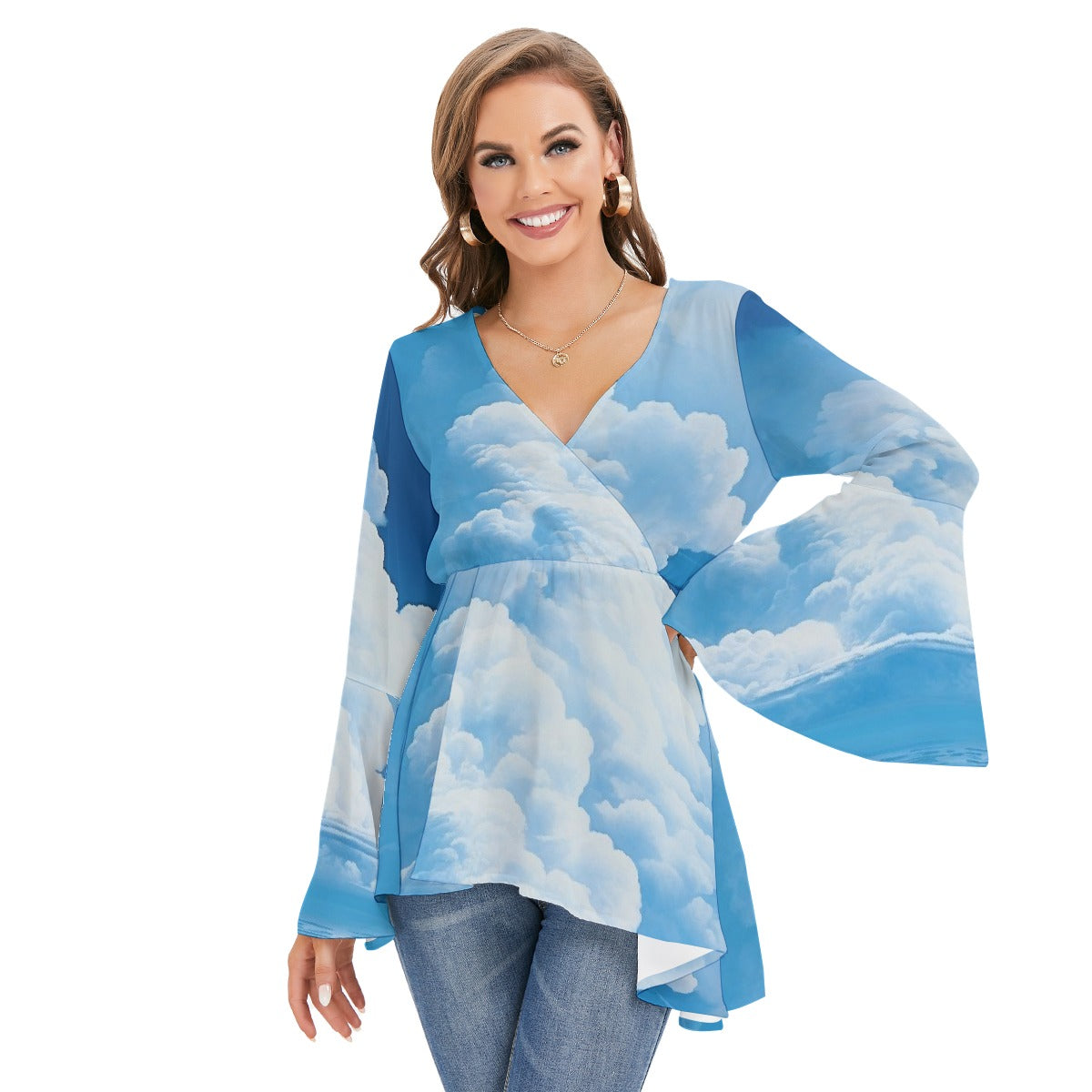All-Over Print Women's V-neck Blouse With Flared Sleeves