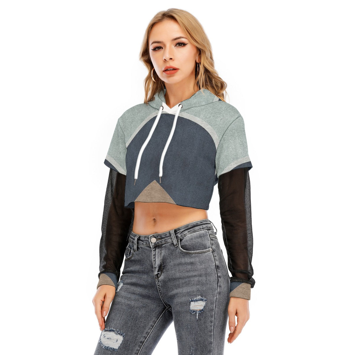 All-Over Print Women's Fake Two-piece Mesh Sleeve Cropped Hoodie