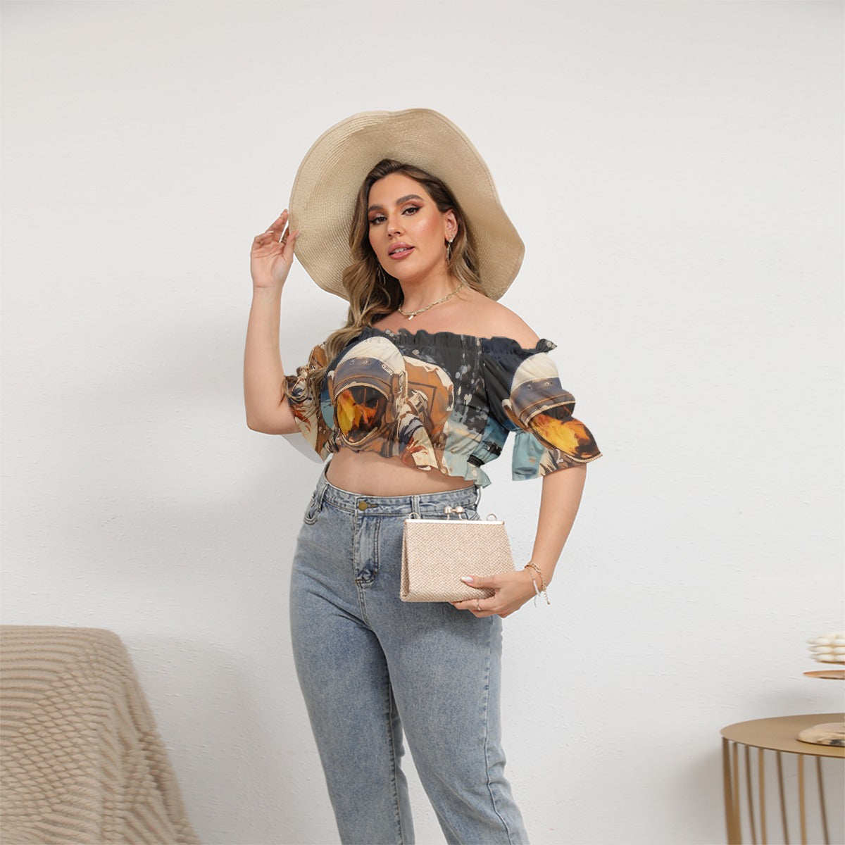 All-Over Print Women's Off-shoulder Cropped Top With Short Puff Sleeve