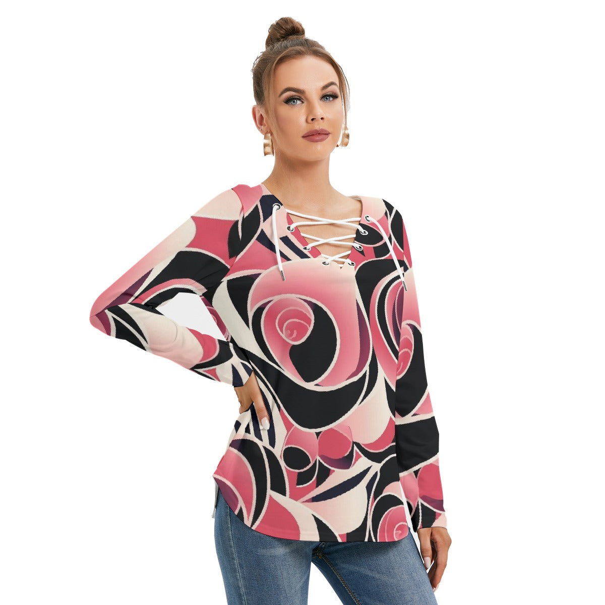 All-Over Print Women's Long Sleeve Neckline Tie Sweatshirt