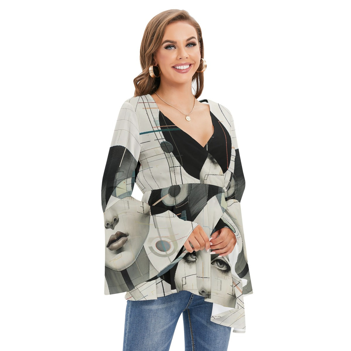 All-Over Print Women's V-neck Blouse With Flared Sleeves