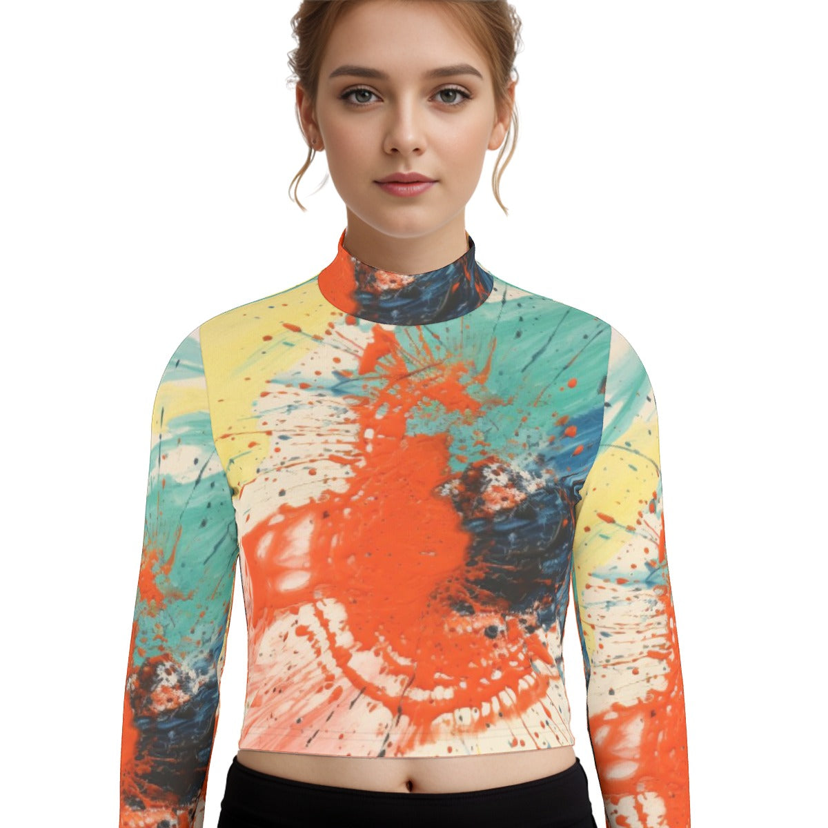 Eco-Friendly All-Over Print Women's Turtleneck T-shirt With Long Sleeve
