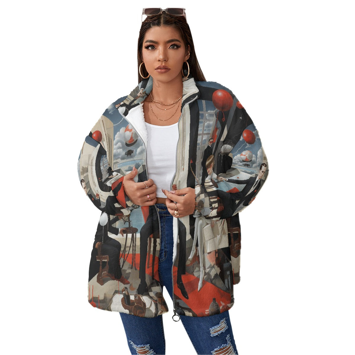 All-Over Print Unisex Borg Fleece Stand-up Collar Coat With Zipper Closure(Plus Size)