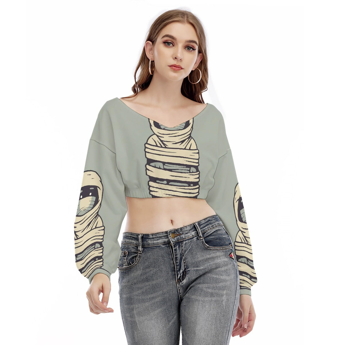 All-Over Print Women's V-neck Long Sleeve Cropped Sweatshirt