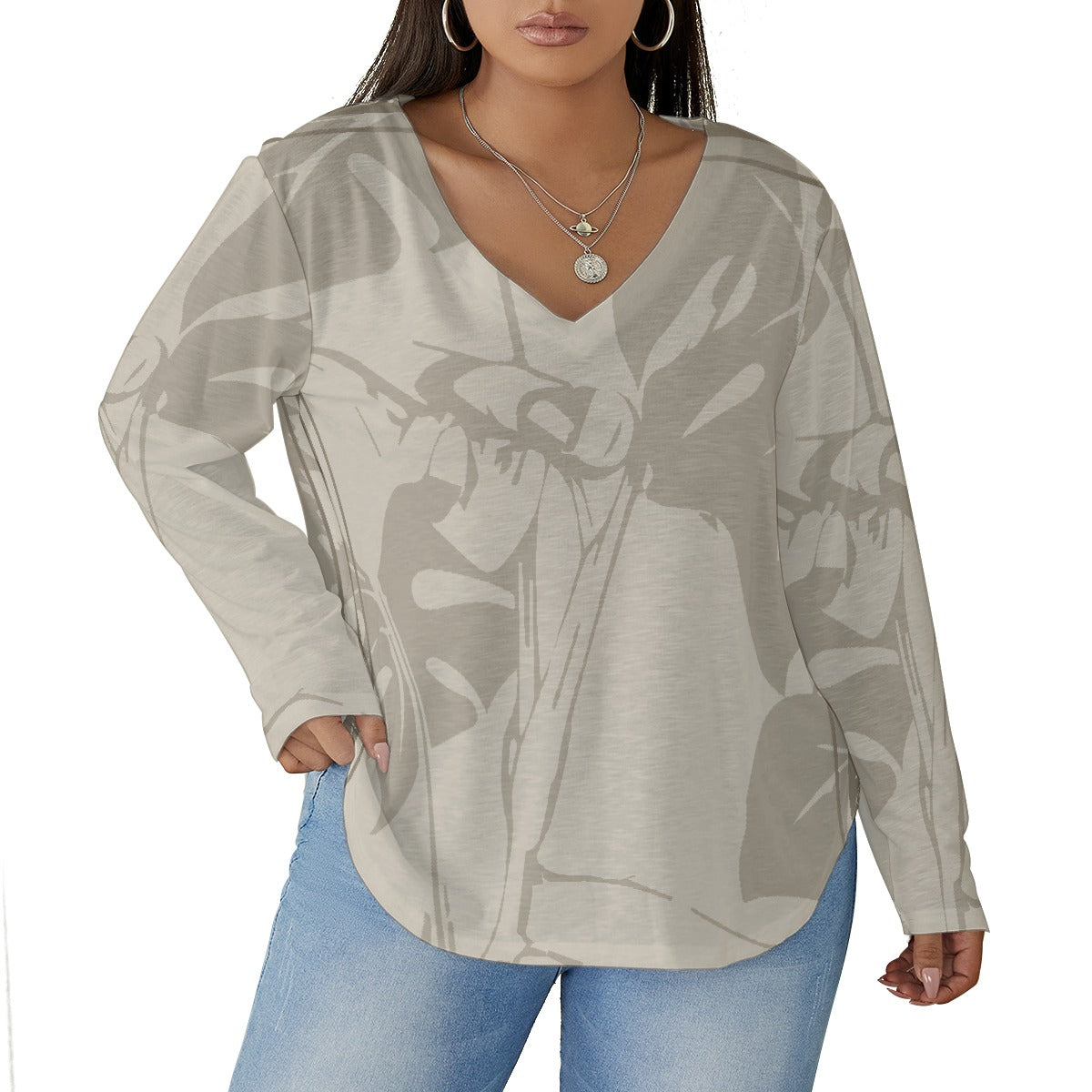 All-Over Print Women's V-neck T-shirt With Curved Hem(Plus Size)