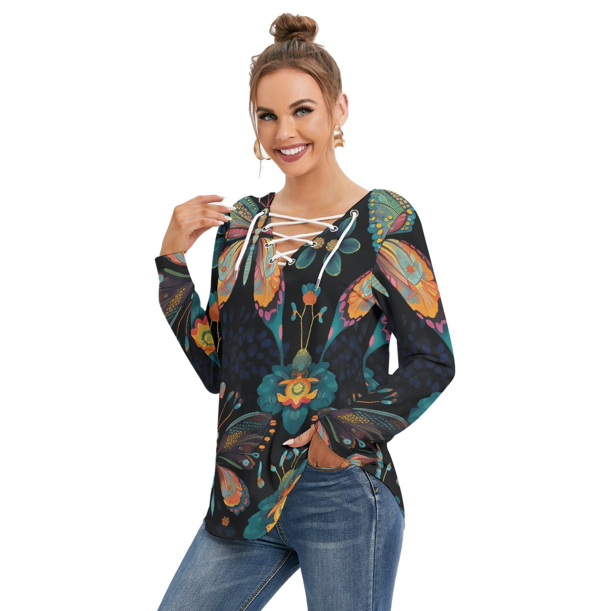 All-Over Print Women's Long Sleeve Neckline Tie Sweatshirt
