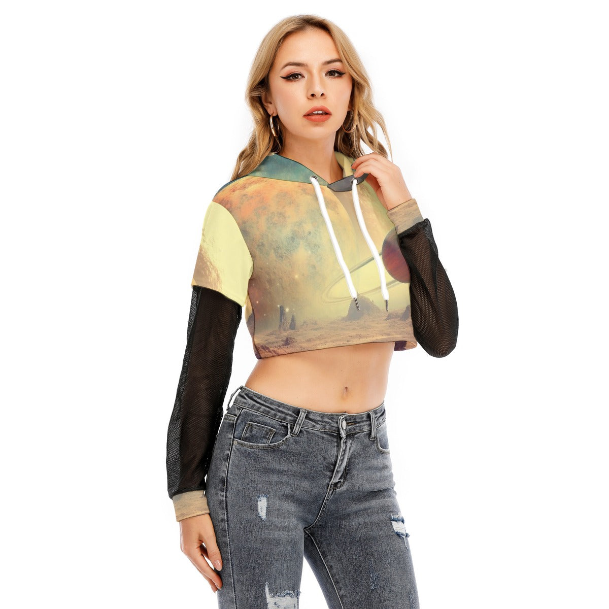 All-Over Print Women's Fake Two-piece Mesh Sleeve Cropped Hoodie