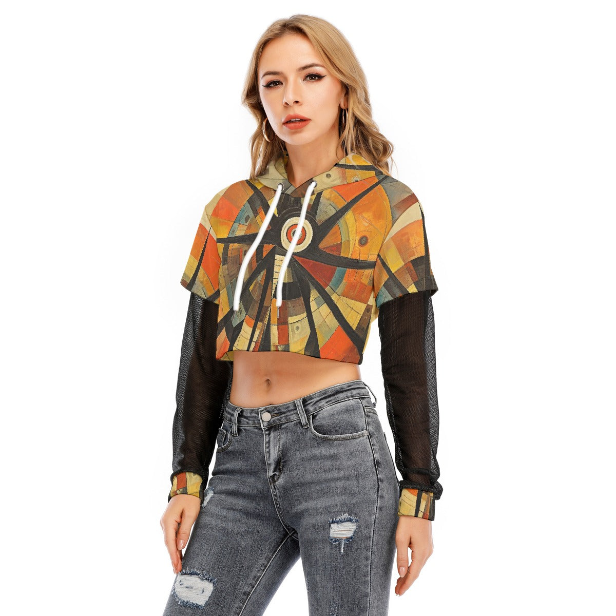 All-Over Print Women's Fake Two-piece Mesh Sleeve Cropped Hoodie
