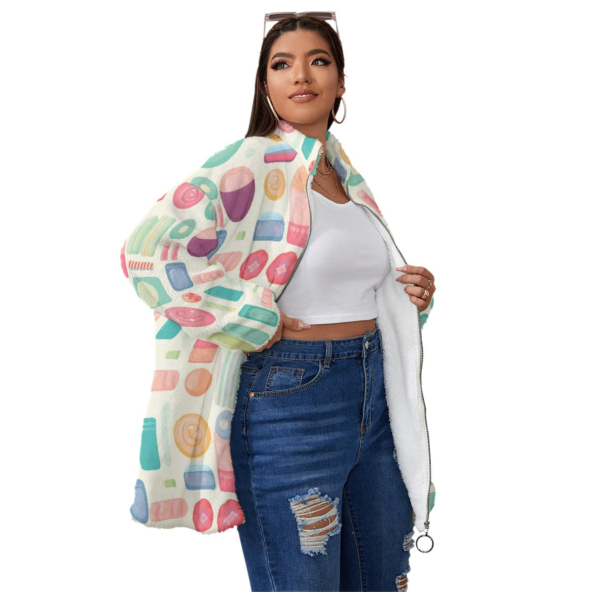 All-Over Print Unisex Borg Fleece Stand-up Collar Coat With Zipper Closure(Plus Size)