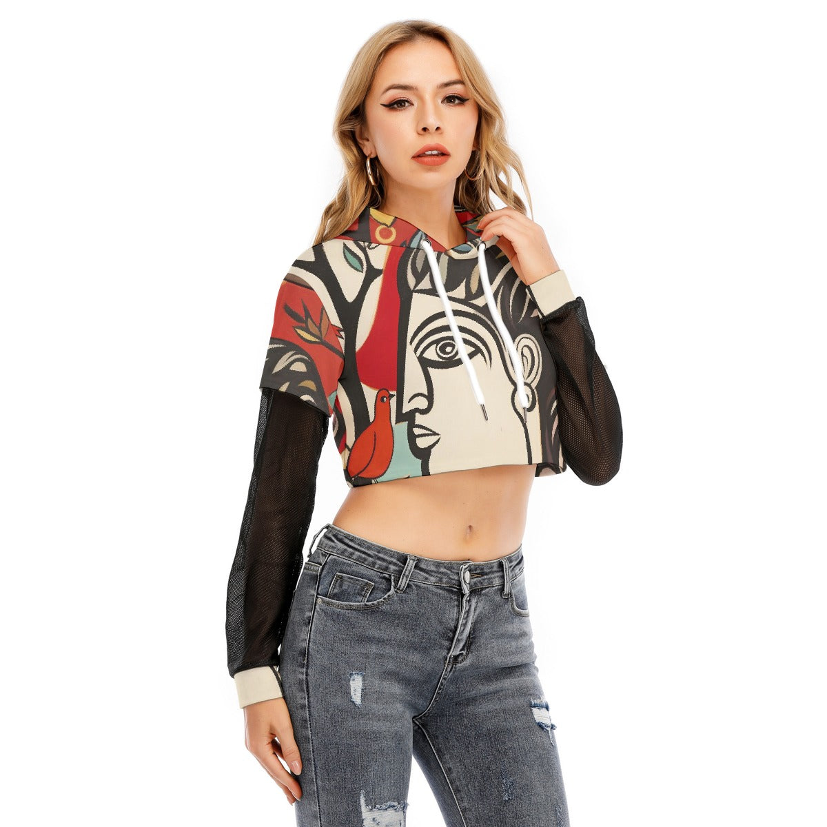 All-Over Print Women's Fake Two-piece Mesh Sleeve Cropped Hoodie