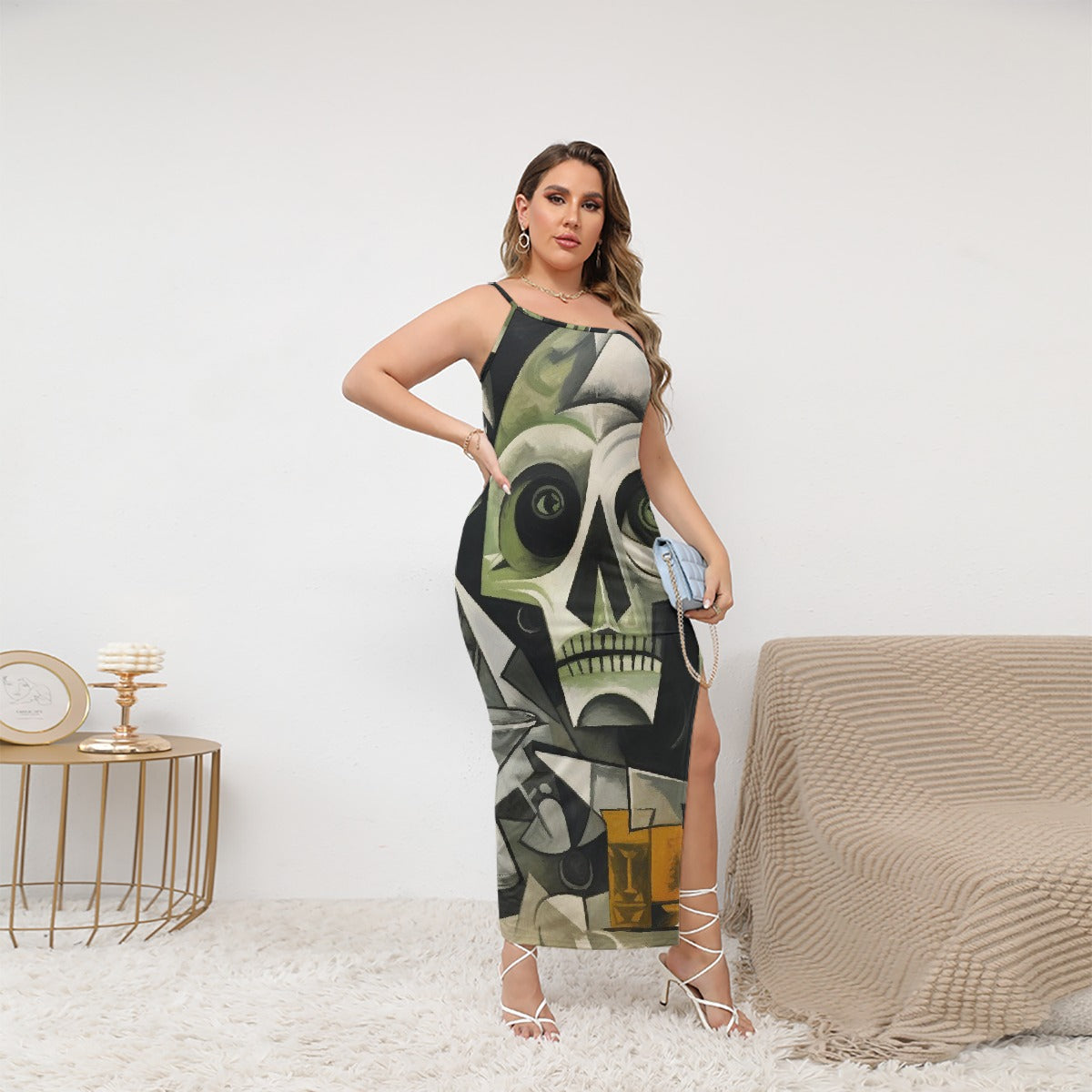 All-Over Print Women's Oblique-Shoulder Exposure Dress With Side Split (Plus Size)