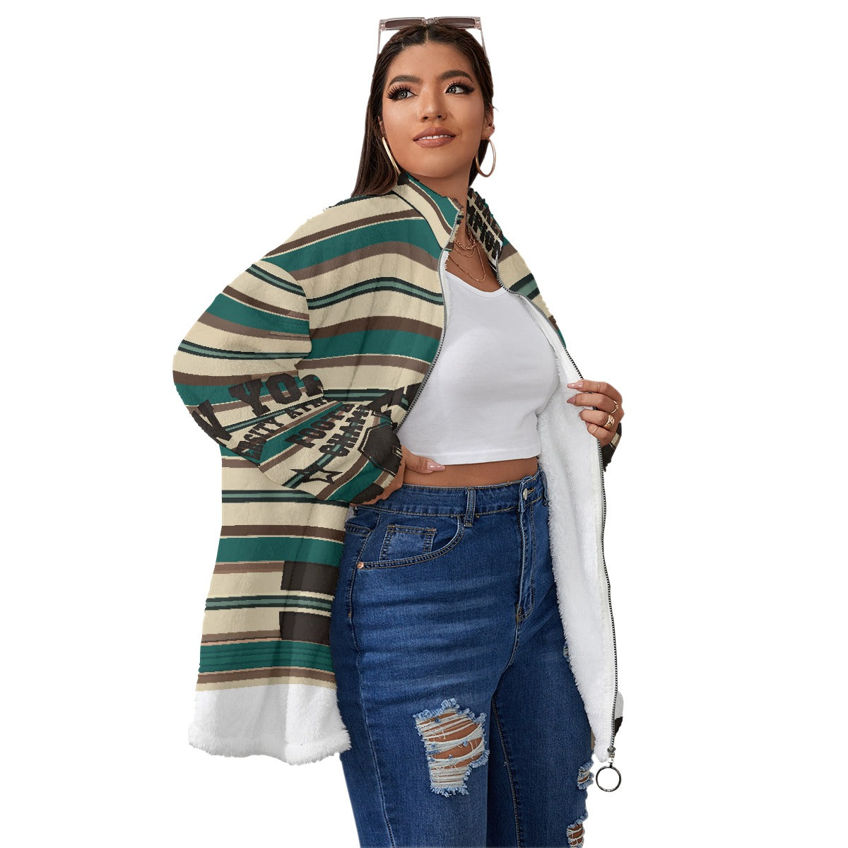 All-Over Print Unisex Borg Fleece Stand-up Collar Coat With Zipper Closure(Plus Size)