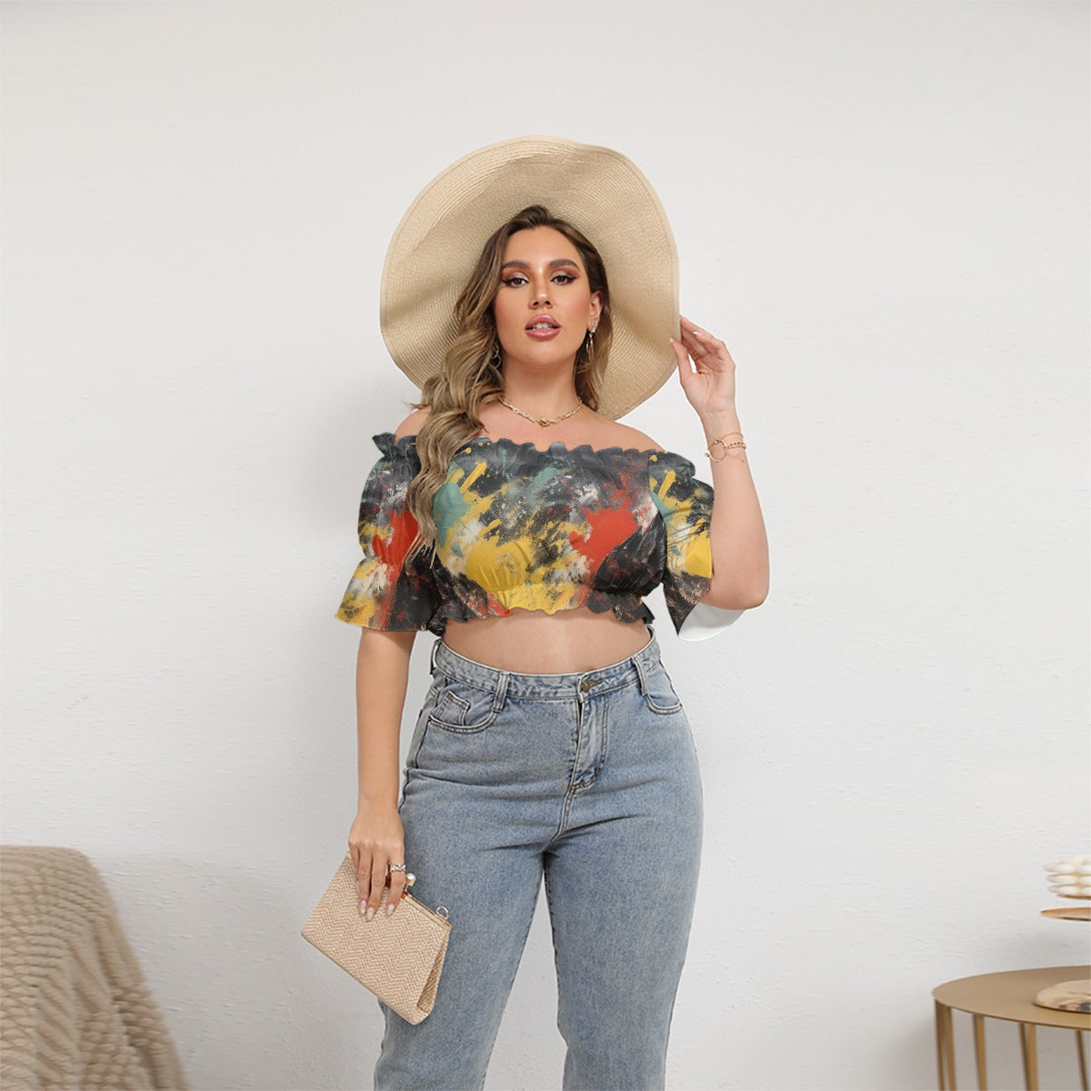 All-Over Print Women's Off-shoulder Cropped Top With Short Puff Sleeve