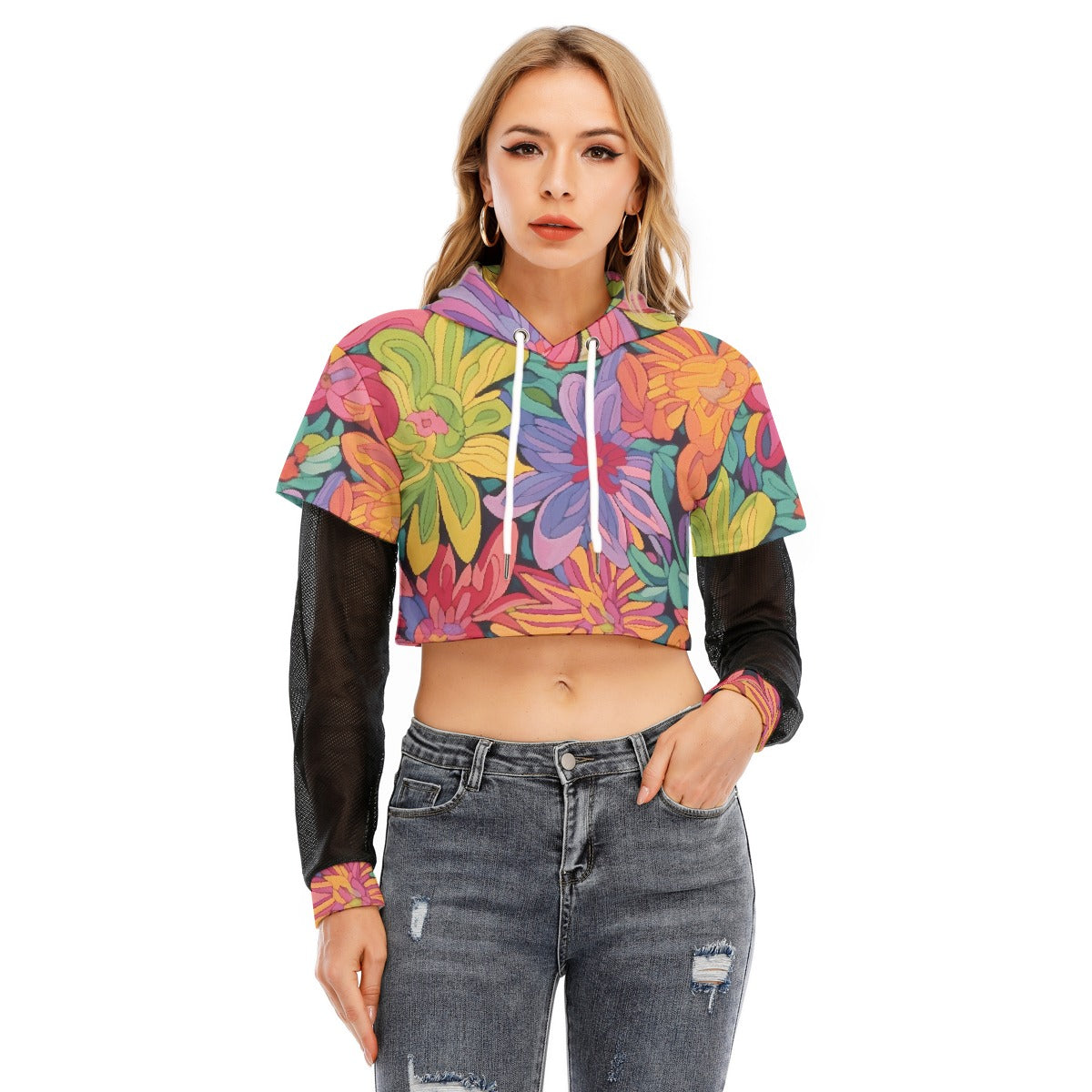 All-Over Print Women's Fake Two-piece Mesh Sleeve Cropped Hoodie
