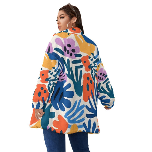 All-Over Print Unisex Borg Fleece Stand-up Collar Coat With Zipper Closure(Plus Size)