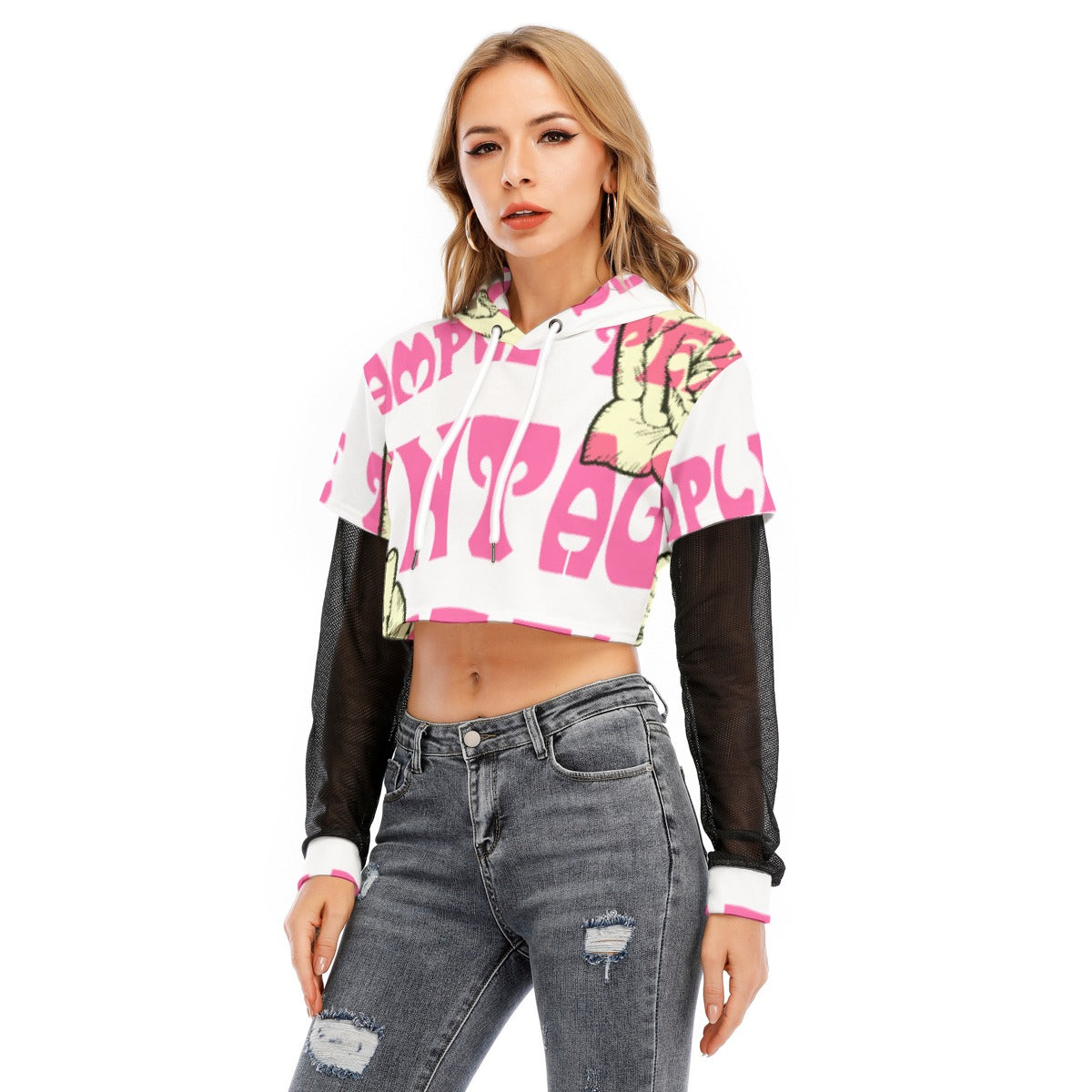 All-Over Print Women's Fake Two-piece Mesh Sleeve Cropped Hoodie