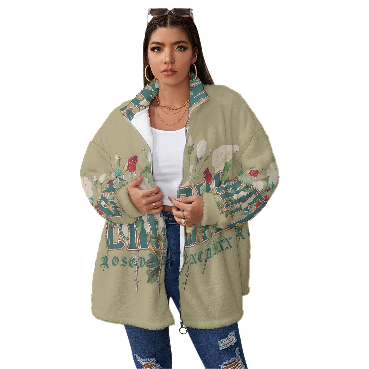 All-Over Print Unisex Borg Fleece Stand-up Collar Coat With Zipper Closure(Plus Size)