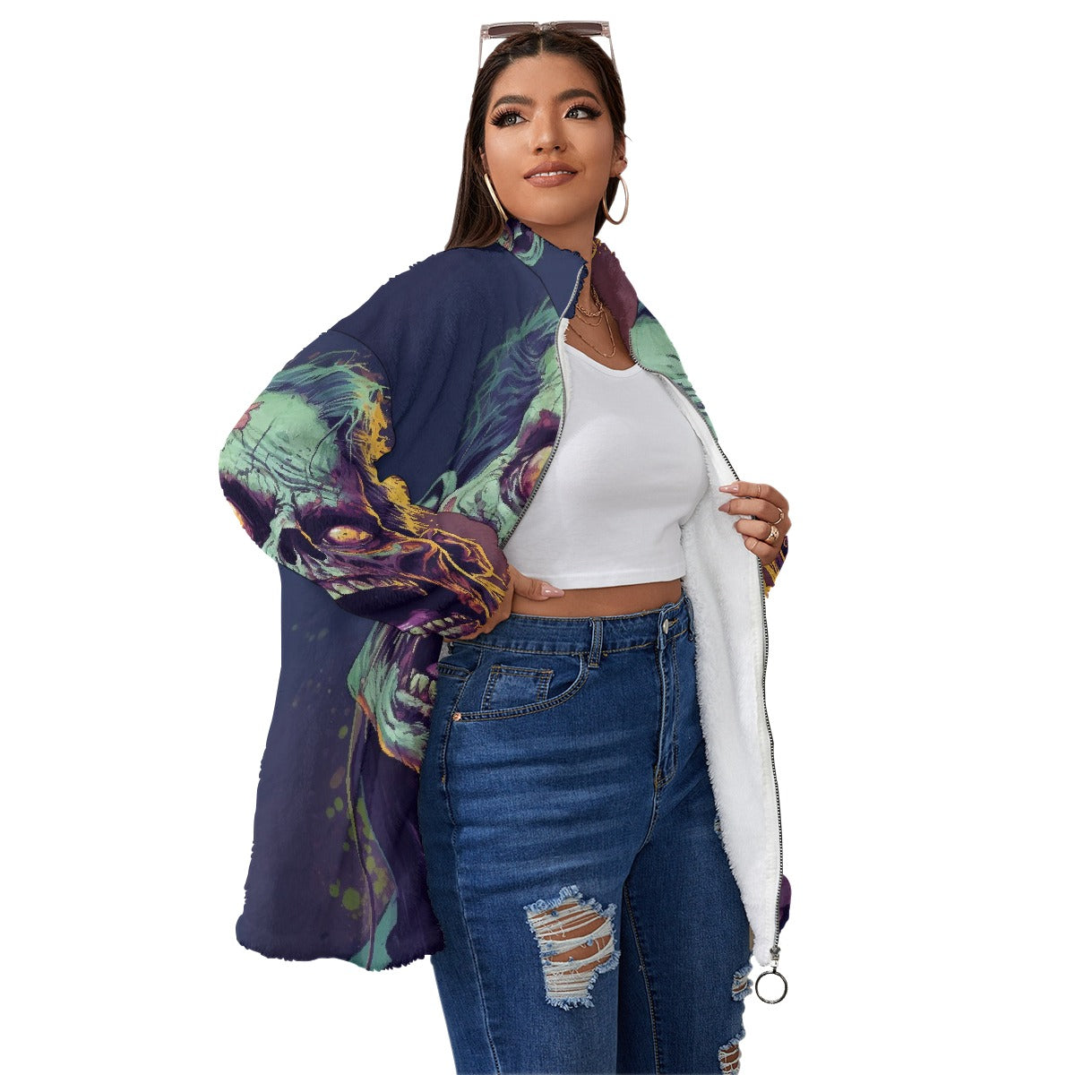 All-Over Print Unisex Borg Fleece Stand-up Collar Coat With Zipper Closure(Plus Size)