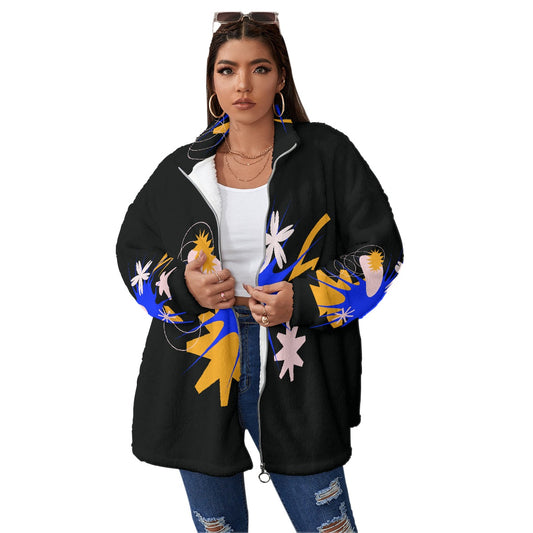 All-Over Print Unisex Borg Fleece Stand-up Collar Coat With Zipper Closure(Plus Size)