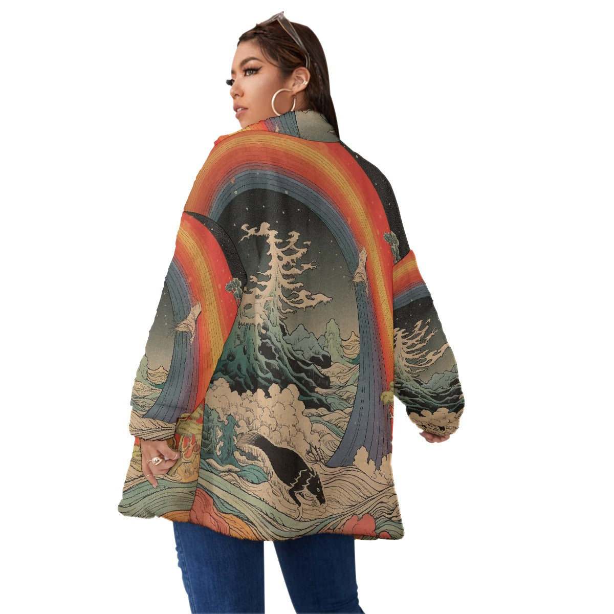 All-Over Print Unisex Borg Fleece Stand-up Collar Coat With Zipper Closure(Plus Size)