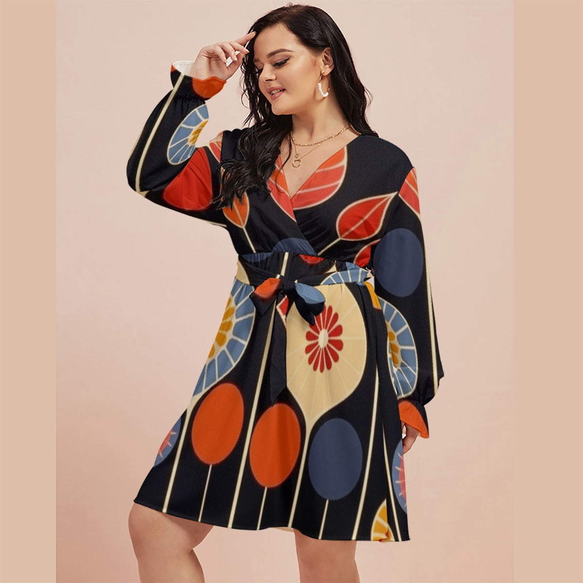 All-Over Print Women's V-neck Dress With Waistband(Plus Size)
