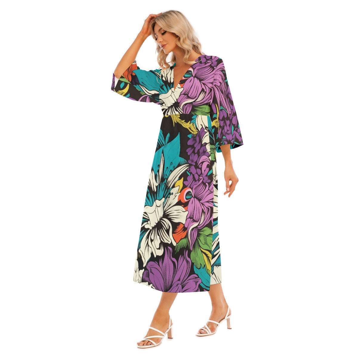 All-Over Print Women's Mid-Sleeve Long Dress