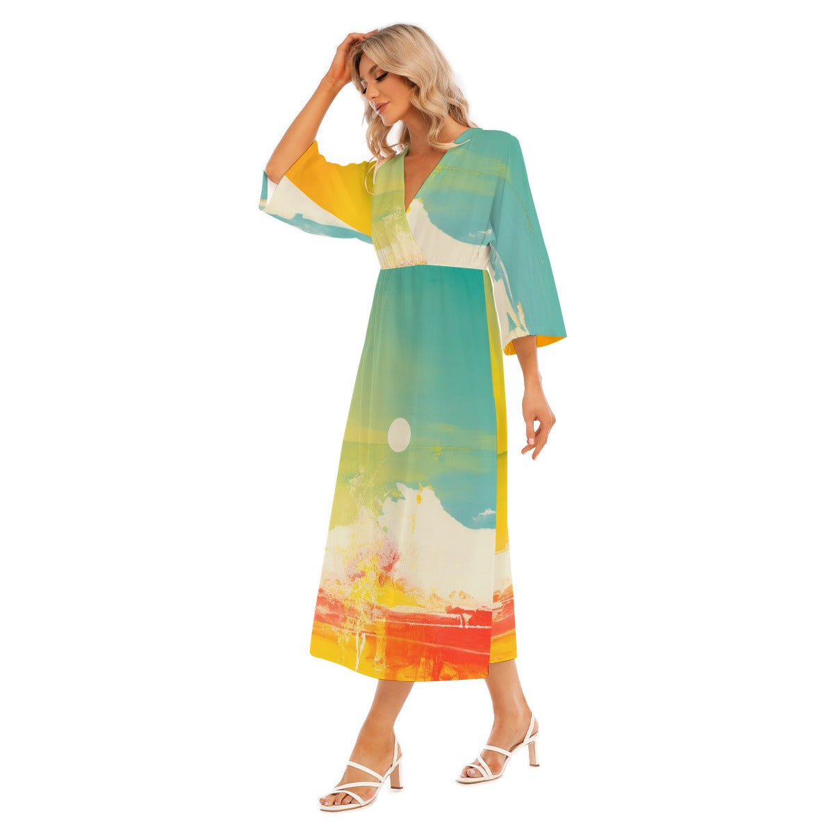 All-Over Print Women's Mid-Sleeve Long Dress