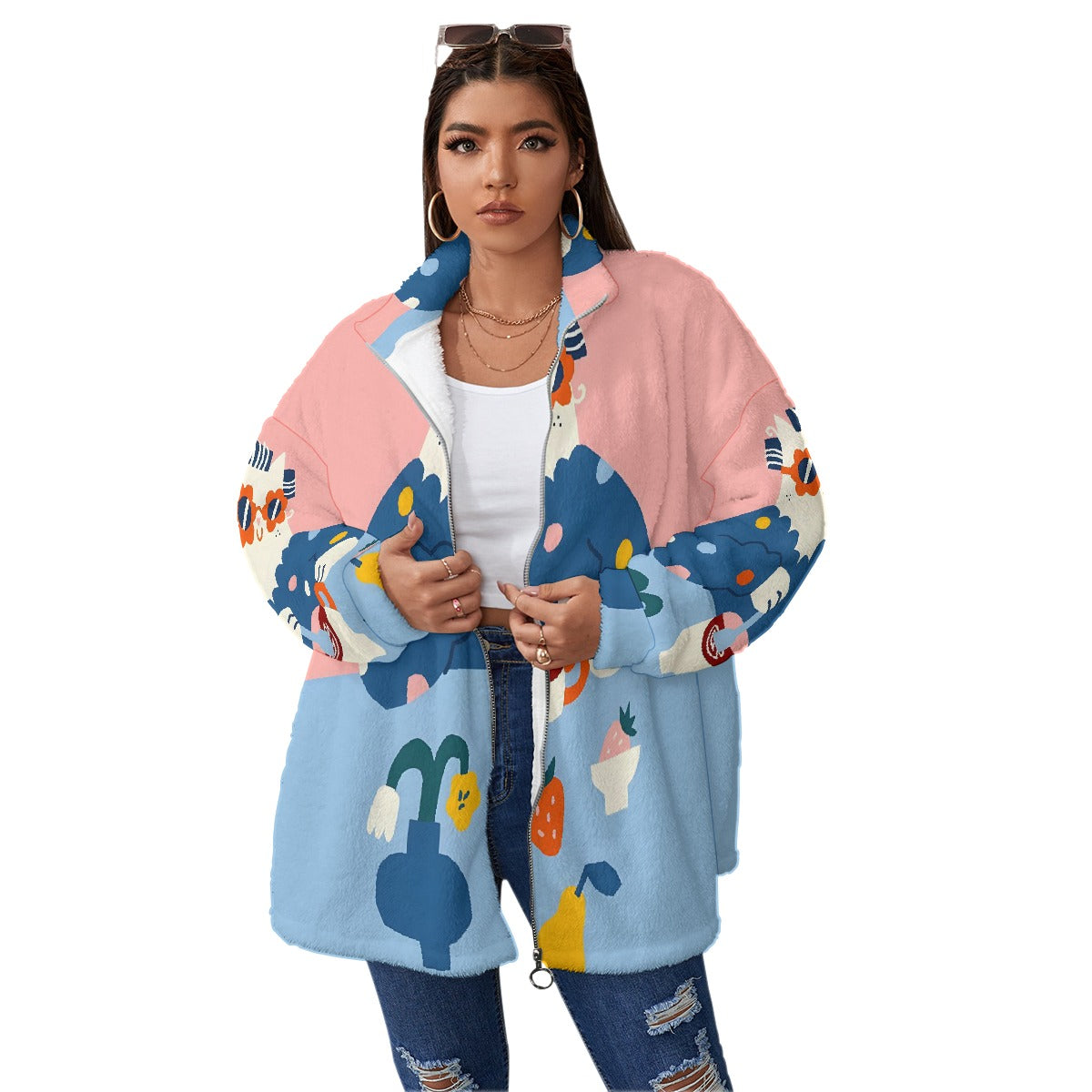 All-Over Print Unisex Borg Fleece Stand-up Collar Coat With Zipper Closure(Plus Size)