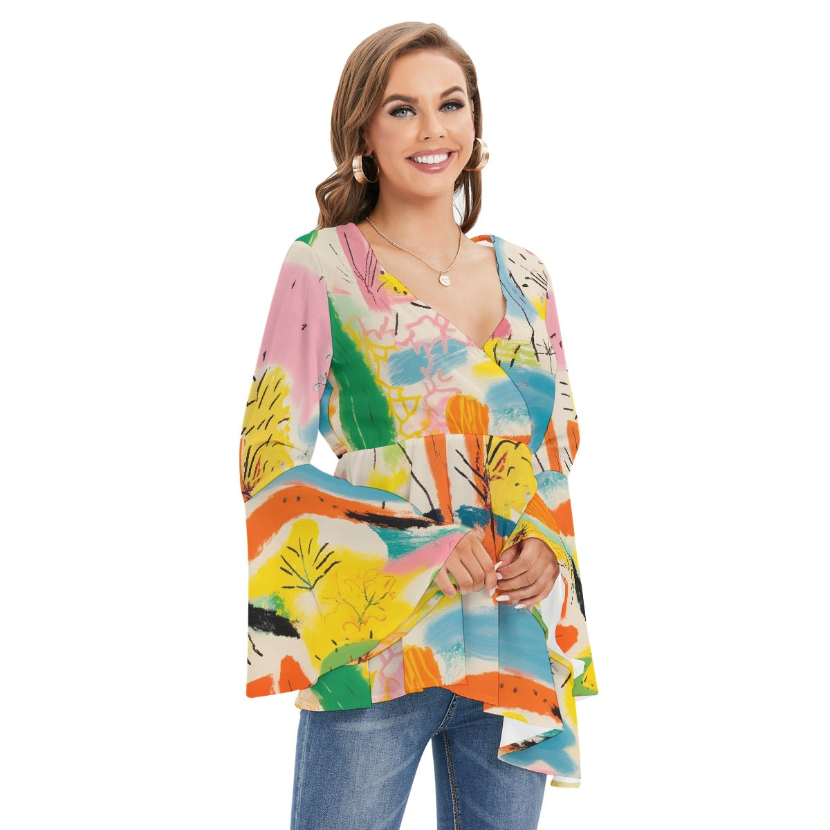 All-Over Print Women's V-neck Blouse With Flared Sleeves