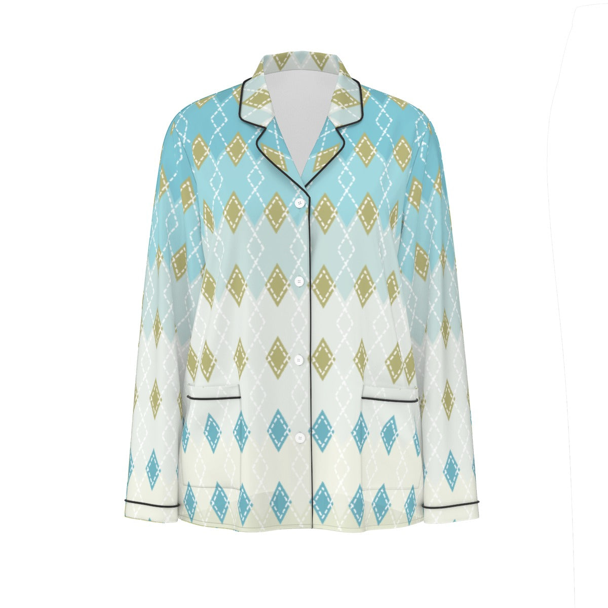 All-Over Print Women's Long Sleeve Pajama Set With Black Contrast Piping