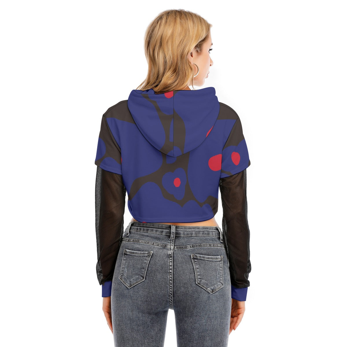 All-Over Print Women's Fake Two-piece Mesh Sleeve Cropped Hoodie