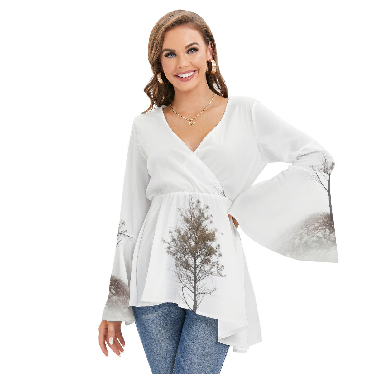 All-Over Print Women's V-neck Blouse With Flared Sleeves