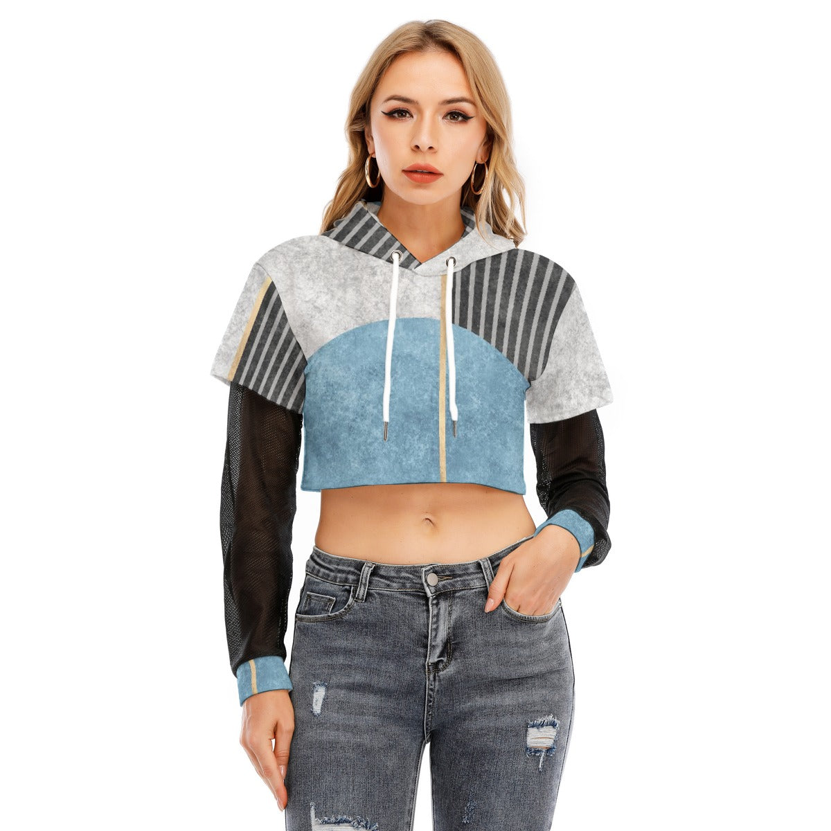 All-Over Print Women's Fake Two-piece Mesh Sleeve Cropped Hoodie
