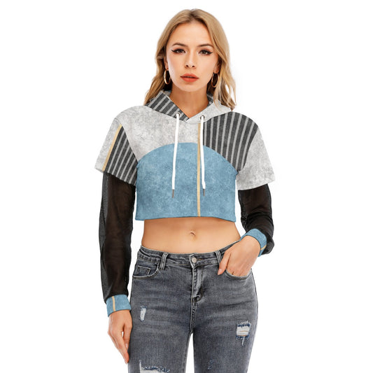 All-Over Print Women's Fake Two-piece Mesh Sleeve Cropped Hoodie