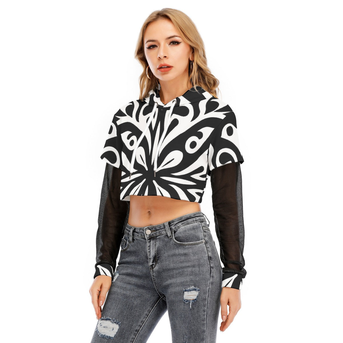 All-Over Print Women's Fake Two-piece Mesh Sleeve Cropped Hoodie