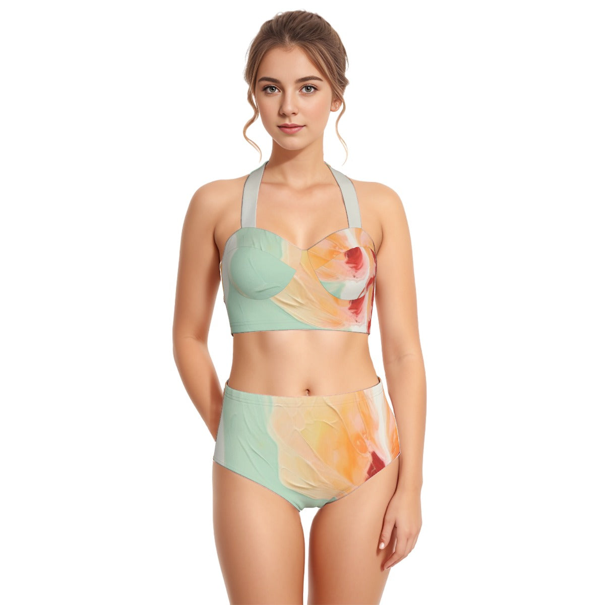 All-Over Print Women's Swimsuit Set With Halter