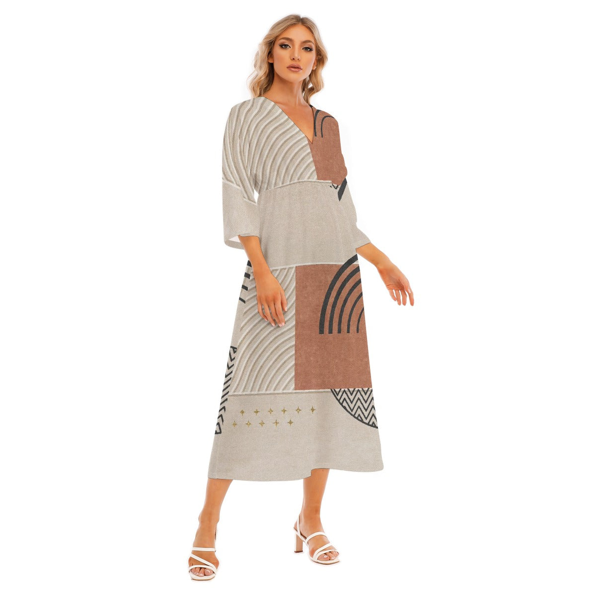 All-Over Print Women's Mid-Sleeve Long Dress