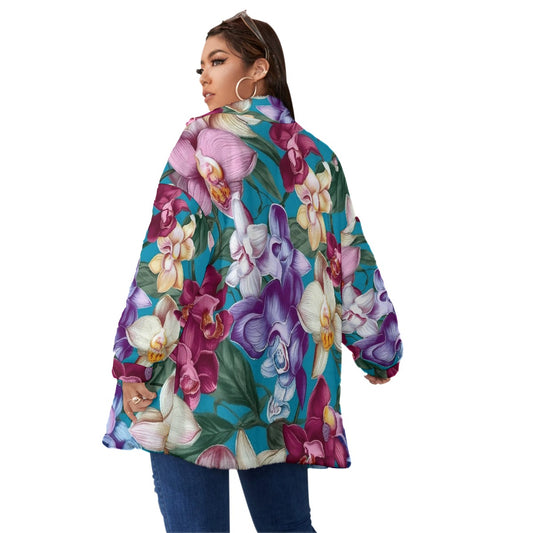 All-Over Print Unisex Borg Fleece Stand-up Collar Coat With Zipper Closure(Plus Size)