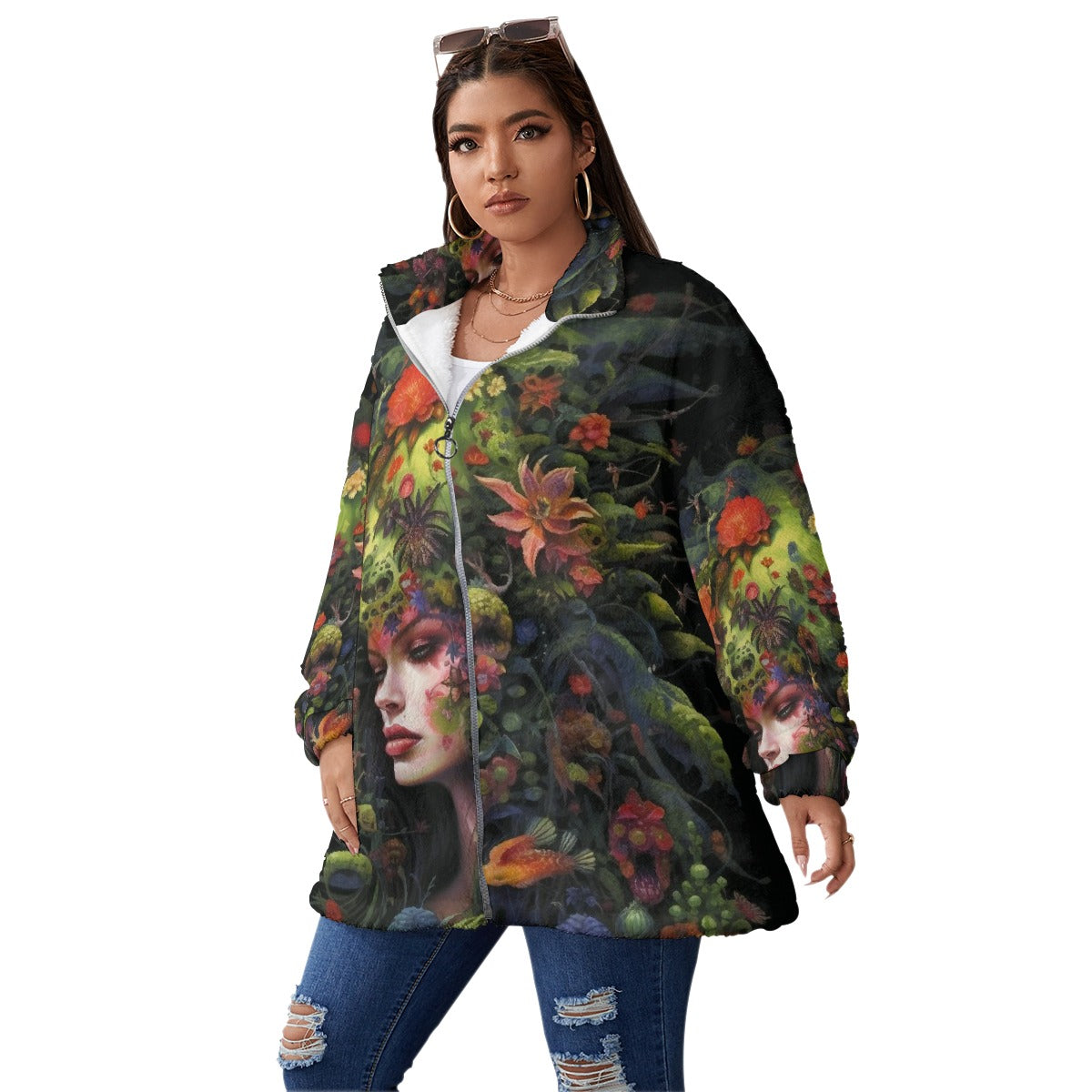 All-Over Print Unisex Borg Fleece Stand-up Collar Coat With Zipper Closure(Plus Size)