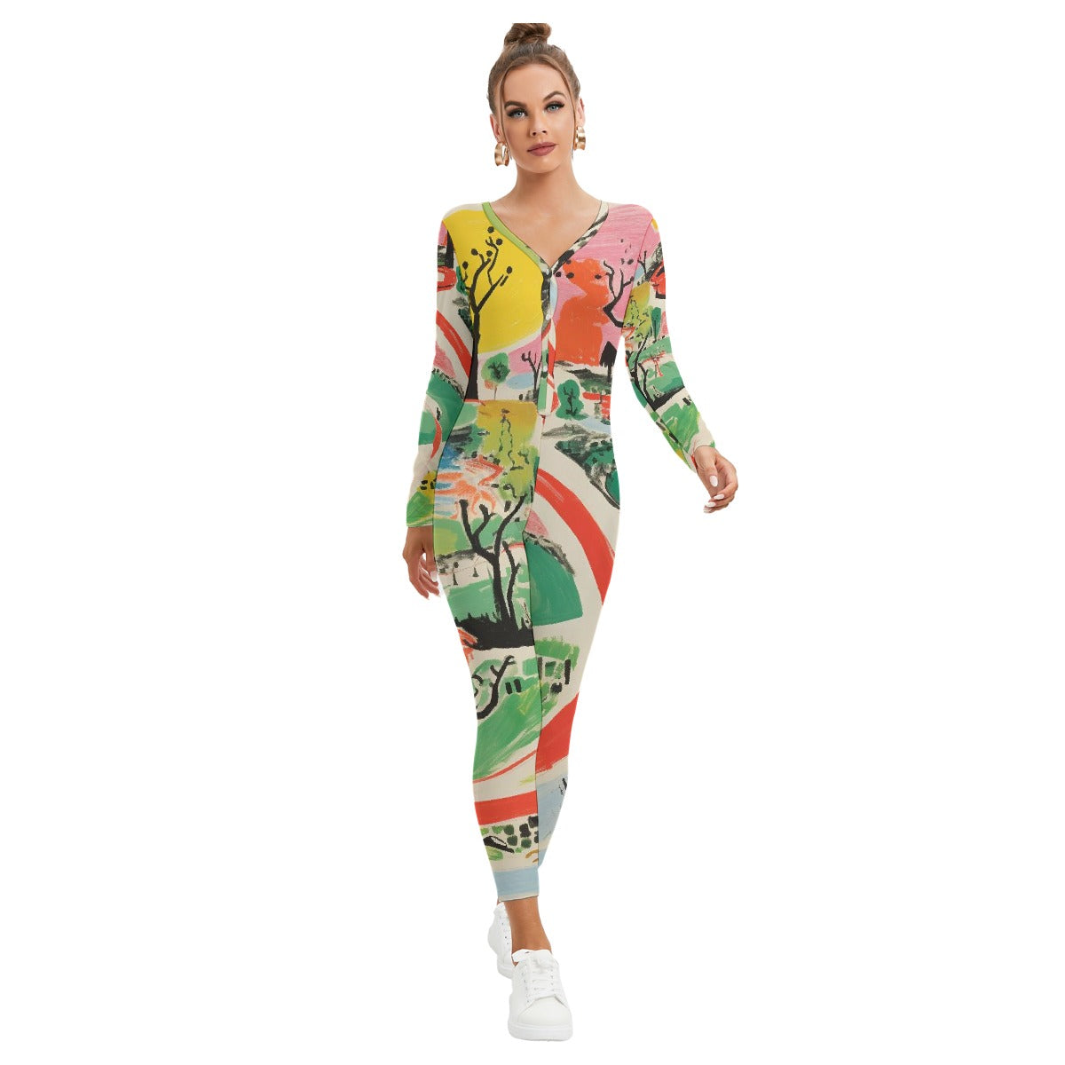 All-Over Print Women's Plunging Neck Jumpsuit