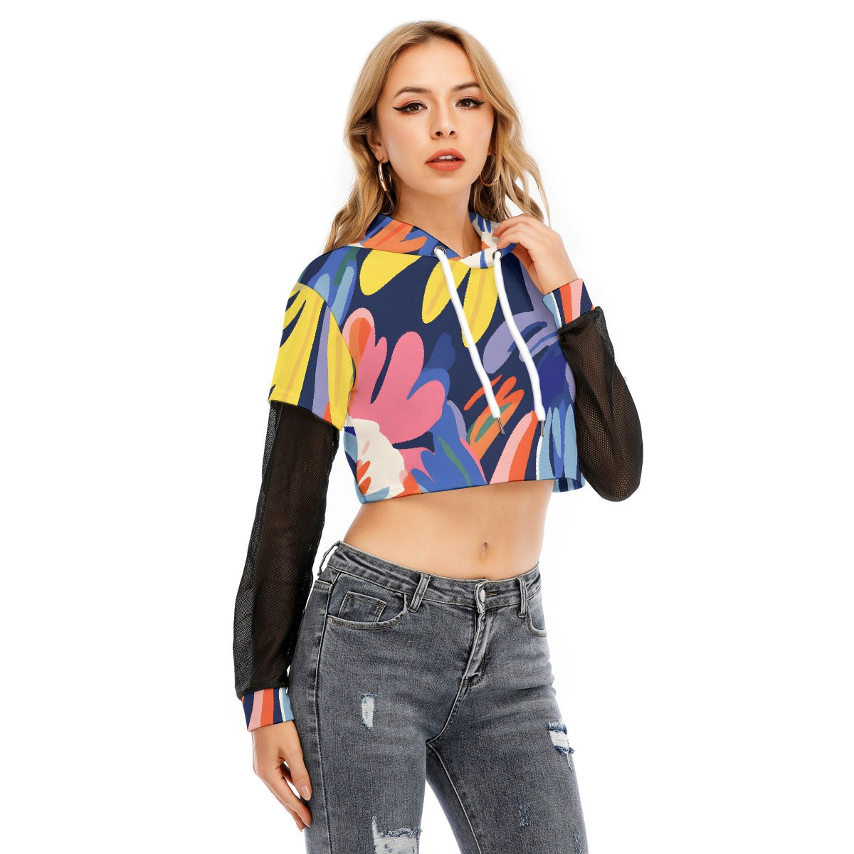 All-Over Print Women's Fake Two-piece Mesh Sleeve Cropped Hoodie