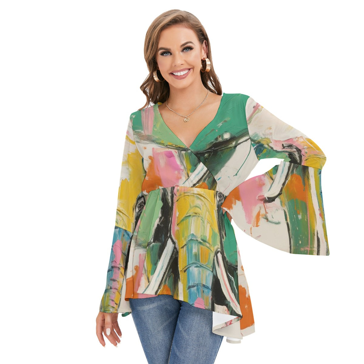 All-Over Print Women's V-neck Blouse With Flared Sleeves