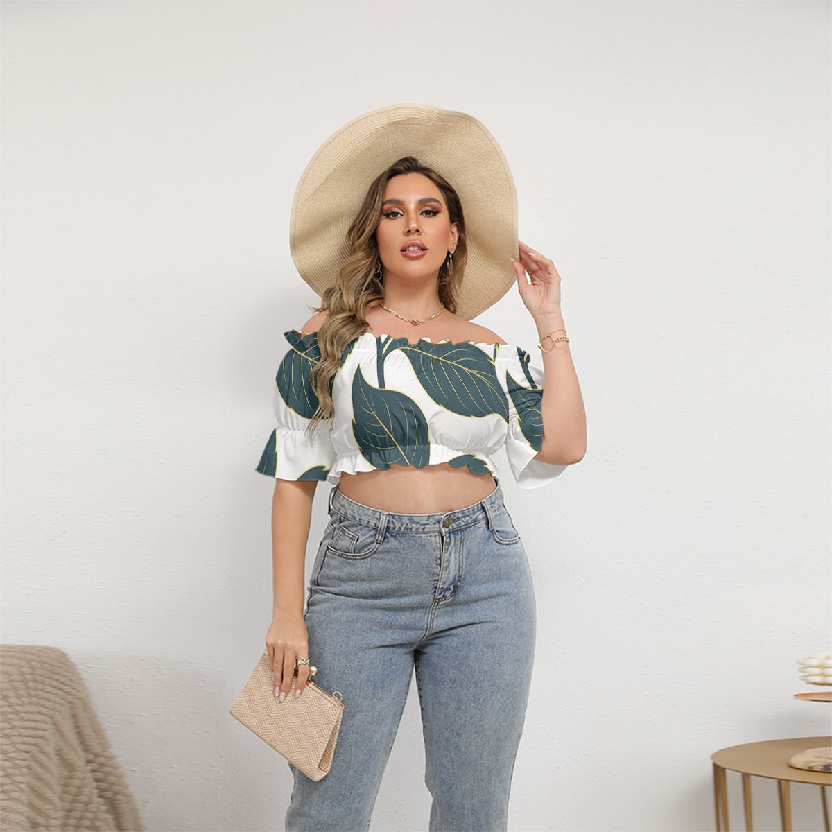 All-Over Print Women's Off-shoulder Cropped Top With Short Puff Sleeve