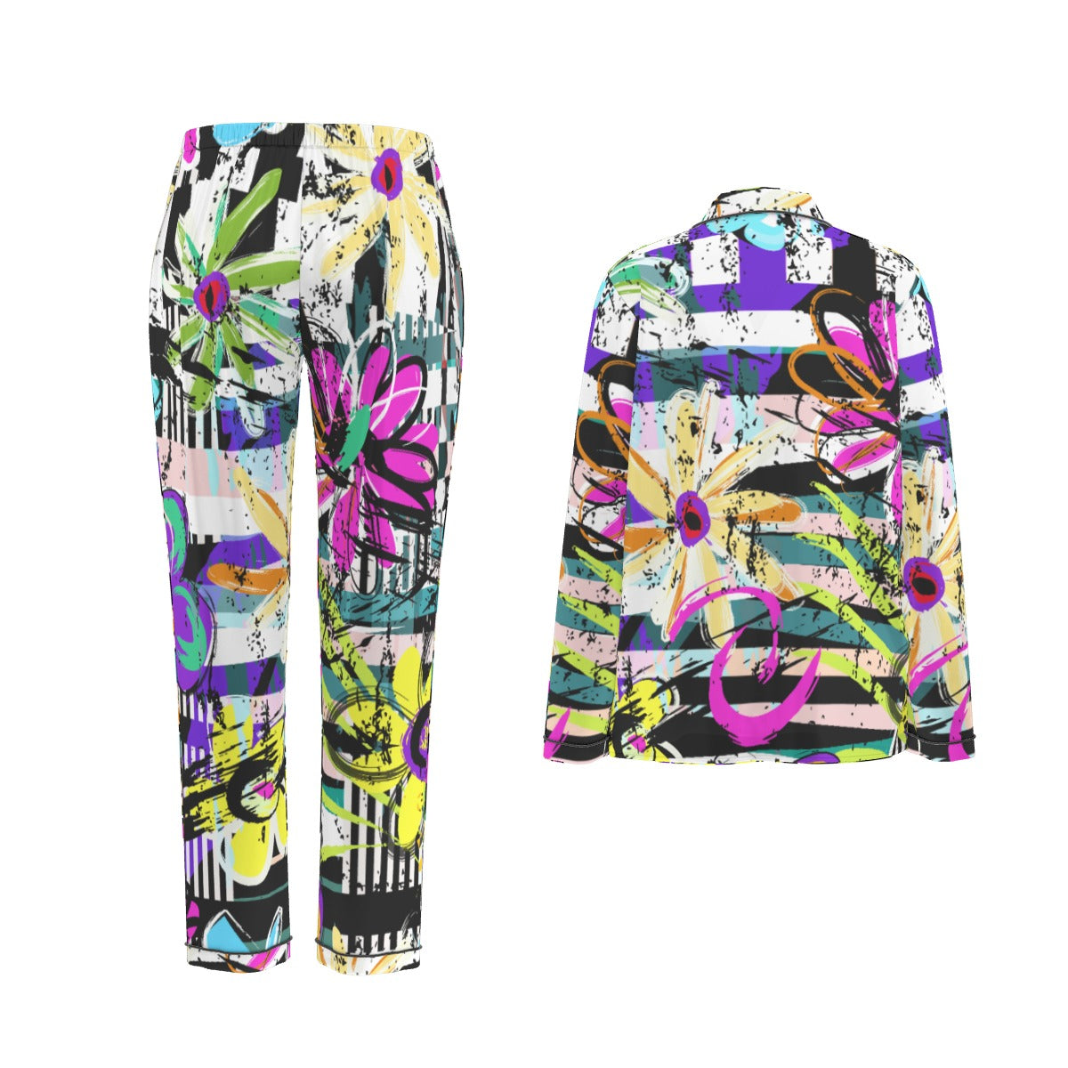 All-Over Print Women's Long Sleeve Pajama Set With Black Contrast Piping