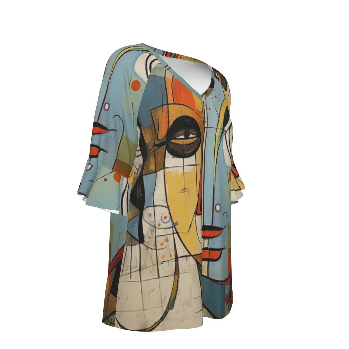 All-Over Print V-neck Women's T-shirt With Bell Sleeve