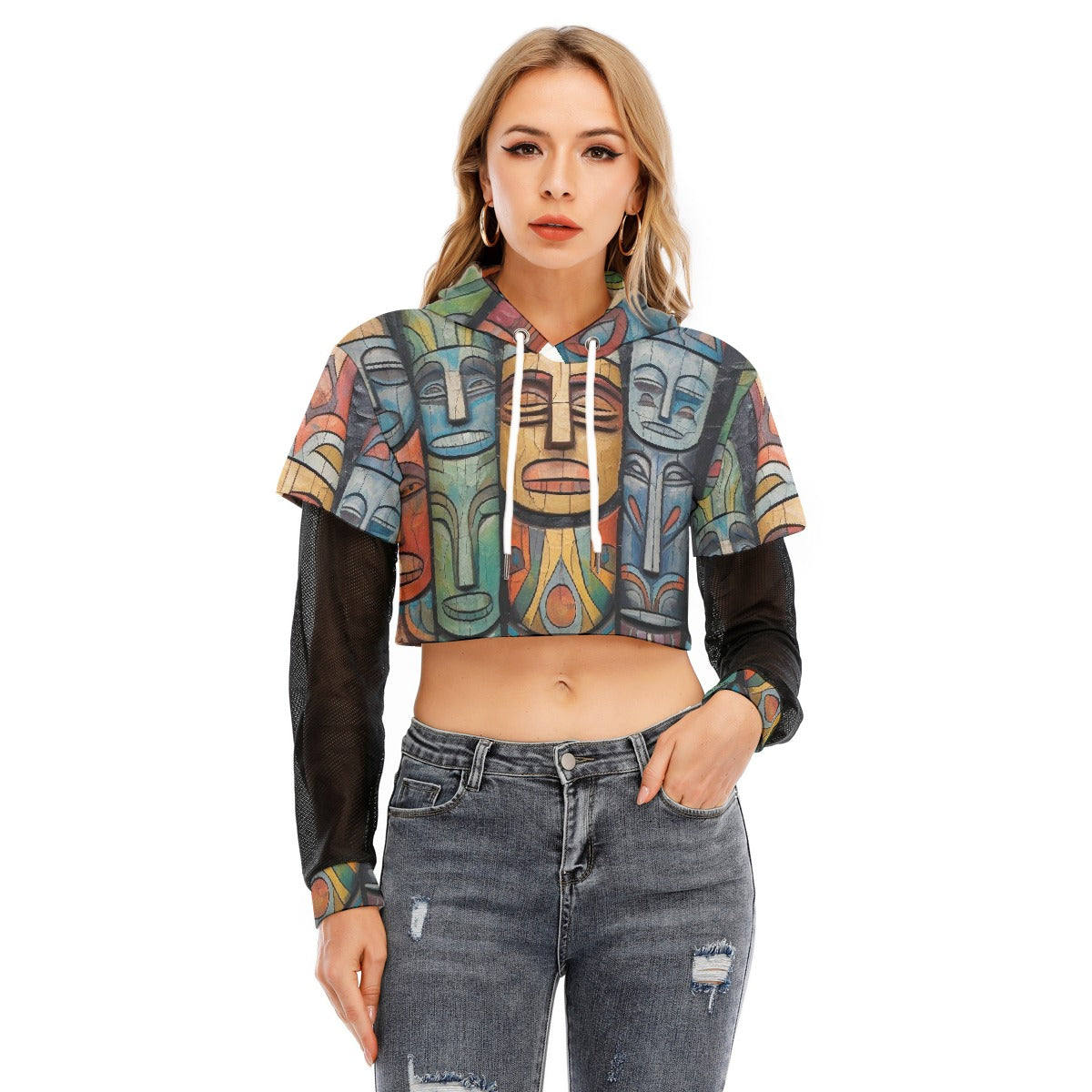 All-Over Print Women's Fake Two-piece Mesh Sleeve Cropped Hoodie