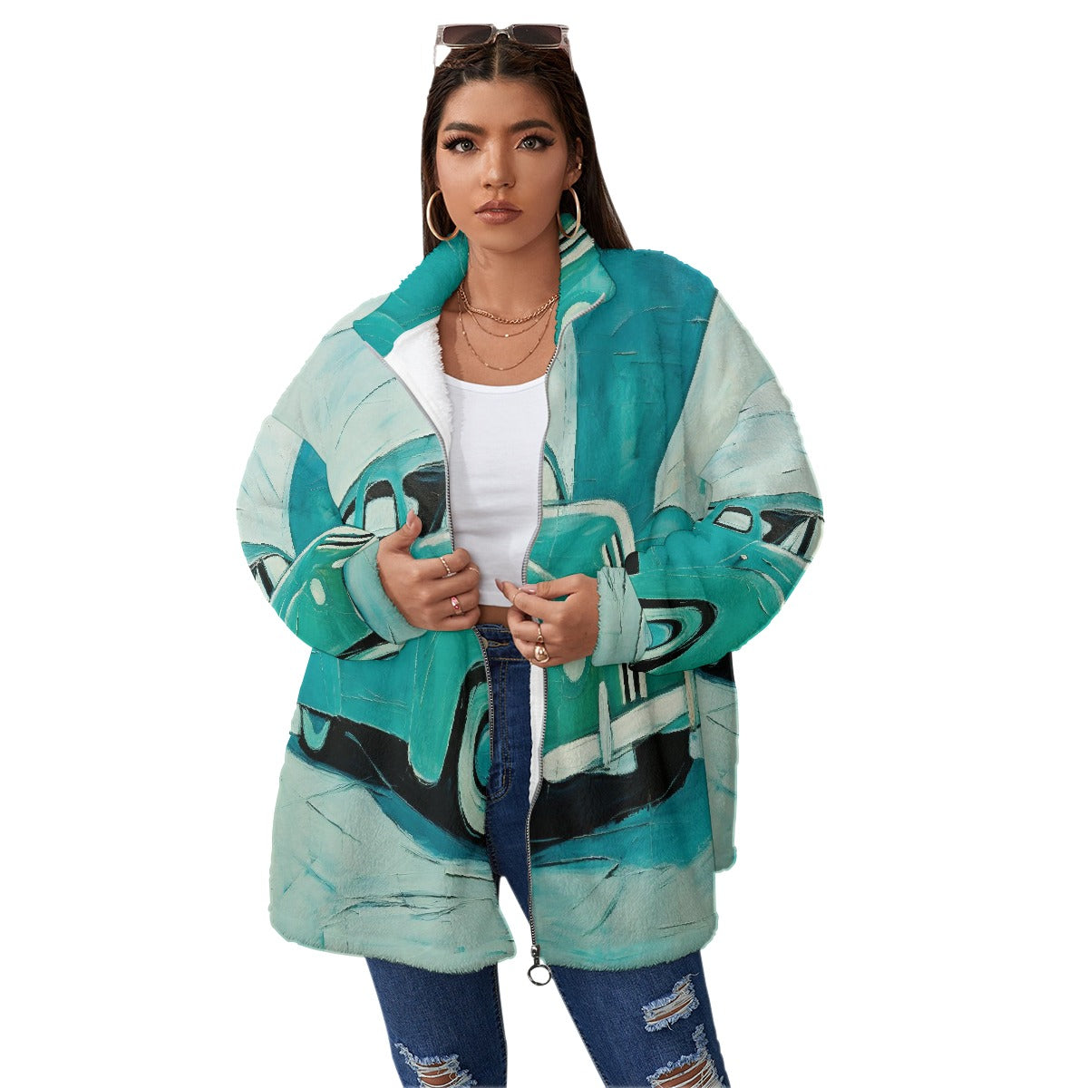 All-Over Print Unisex Borg Fleece Stand-up Collar Coat With Zipper Closure(Plus Size)