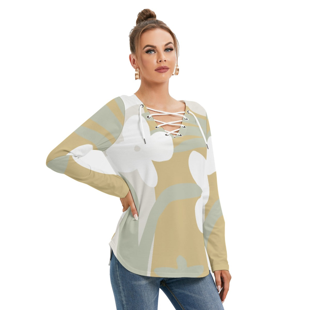 All-Over Print Women's Long Sleeve Neckline Tie Sweatshirt